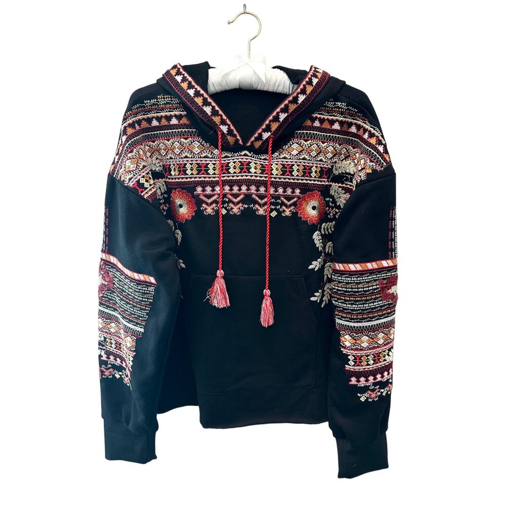 BBWM Zara Embroidered Hoodie Boho Festival Southwestern Tassel Pullover Large